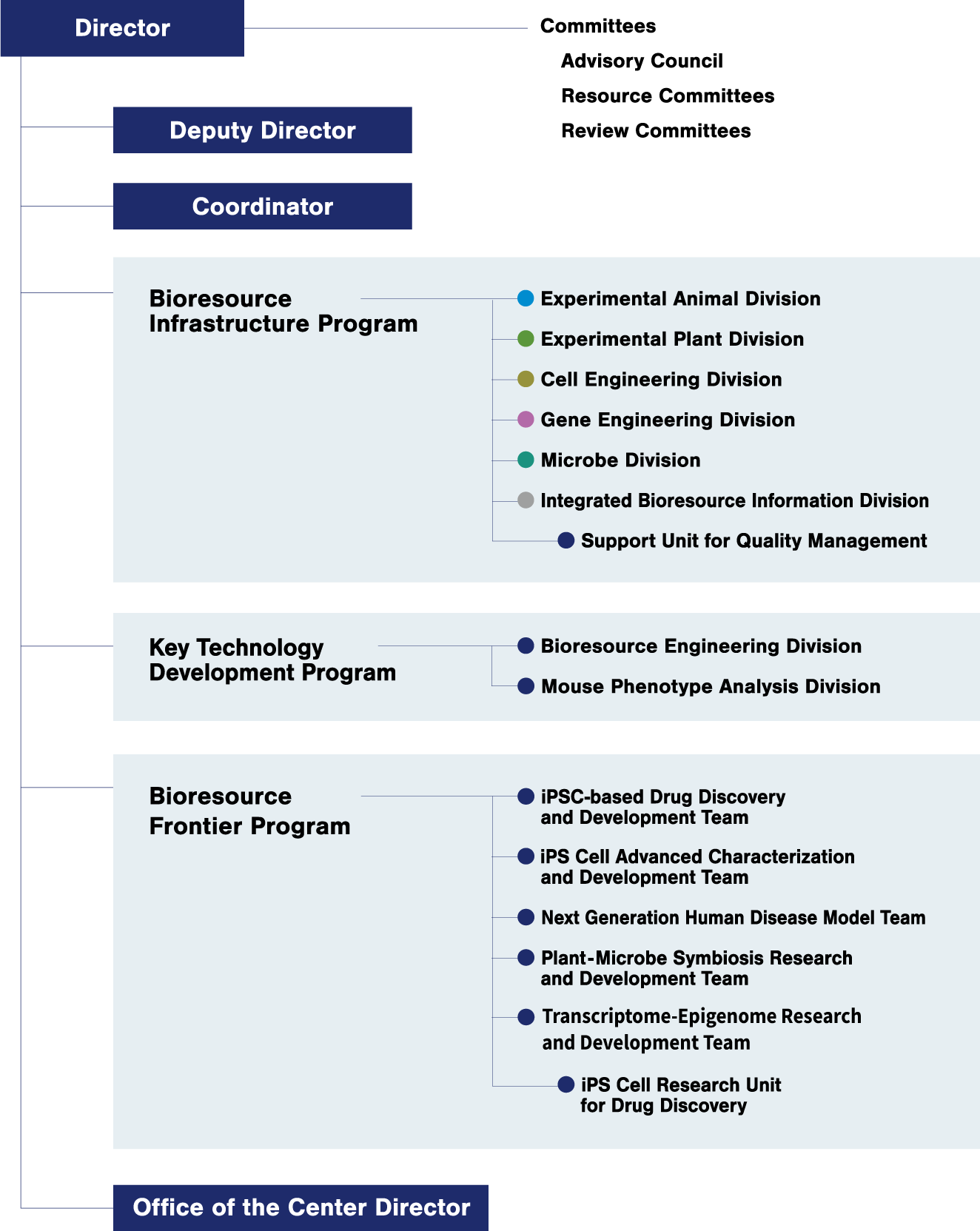 
[Director]
- Committees
- Advisory Council
- Review Committees
[Depury Director]
[Coordinator]
[Bioresource Infrastructure Program]
- Experimental Animal Division
- Experimental Plant Division
- Cell Engineering Division
- Gene Engineering Division
- Microbe Division
- Integrated Bioresource Information Division
-- Support Unit for Quality Management
[Key Technology Development Program]
- Bioresource Engineering Division
- Mouse Phenotype Analysis Division
[Bioresource Frontier Program]
- iPSC-based Drug Discovery and Development Team
- iPS Cell Advanced Characterization and Development Team
- Next Generation Human Disease Model Team
- Plant-Microbe Symbiosis Research and Development Team
- Transcriptome-Epigenome Research and Development Team
-- iPS Cell Reserch Unit for Drug Discovery
